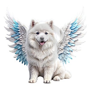 Samoyed with white and blue angel wings .