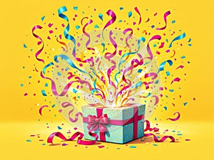A gift box with colorful confetti and streamers exploding against a bright yellow background.