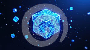 Futuristic glowing blue 3D cubes floating in digital space