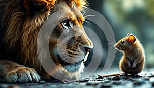 A powerful lion on one side, a small timid mouse on the other, displaying strength vs. meekness