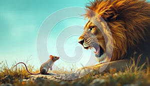 A powerful lion on one side, a small timid mouse on the other, displaying strength vs. meekness