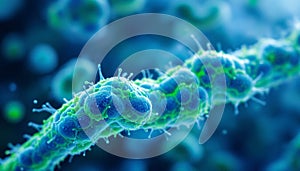 close up of microscopic bacteria featuring an intricate chain structure in blue and green