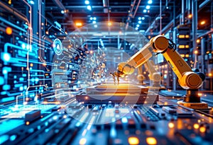 Image of a futuristic smart factory showcasing advanced robotics and AI-powered automation in manufacturing processes