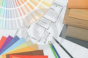 Sample of matterial, color pallette and color pencil on architectural drawing paper