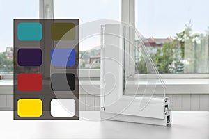 Sample of window profile on table and avaiable colors palette