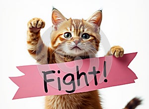 Cute tabby kitten holding a pink sign with the word 