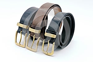 Sample of several colors, black, brown, leather men`s belt with metal shiny buckle handmade
