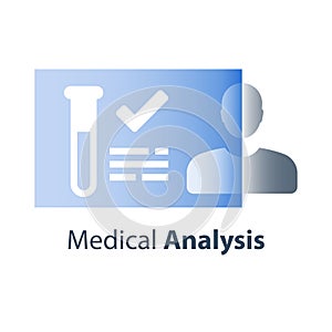 Sample test result, medical laboratory analysis, lab tube, pharmacology concept