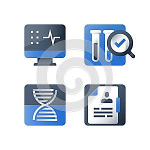 Sample test result, medical laboratory analysis, magnifying glass and lab tubes, chemistry research, pharmacology concept