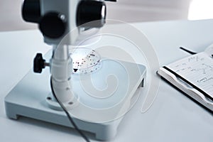 Sample, test and science of analyse, lens and microscope for study of chemical, future and pharmacy. Particles, tools photo
