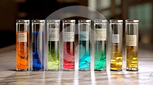 Sample tubes of water at various pH levels On the table in the laboratory, showing color and clarity changes with acidity. Oceanic photo