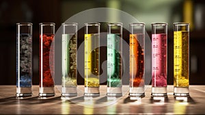 Sample tubes of water at various pH levels On the table in the laboratory, showing color and clarity changes with acidity. Oceanic photo