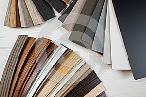 Sampler furniture material for design or decorating interior. Wood color catalog as texture or pattern