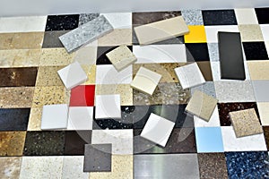 Samples of acrylic artificial stone for countertops. Artificial stone for interior decoration in the construction in houses.