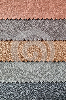 Samples of beige, brown, gray black leather. Leather crafts and craftwork. View from above.
