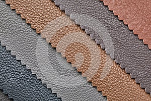 Samples of beige, brown, gray black leather. Leather crafts and craftwork. View from above.