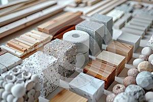 Samples of building materials. View from above. Samples of wood, stone, tiles. Building materials. Brick