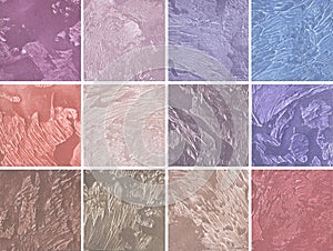 Samples of decorative coating for walls in pink and purple