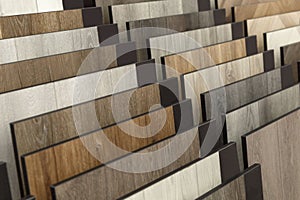 Samples of laminate in the store. Repair and interior design. Close-up