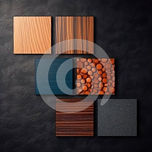 Samples of laminate and vinyl floor tile on black wooden background. Top view