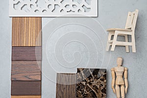 Samples of material, wood , on concrete table.Interior design se