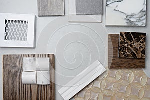 Samples of material, wood , on concrete table.Interior design se