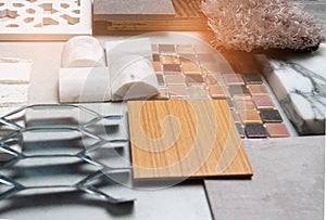 Samples of material, wood , on concrete table.Interior design se