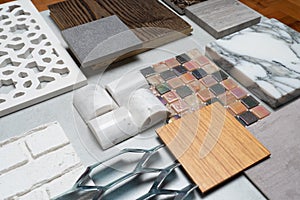 Samples of material, wood , on concrete table.Interior design se