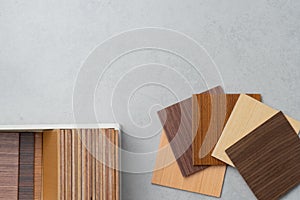 Samples of material, wood , on concrete table.Interior design se