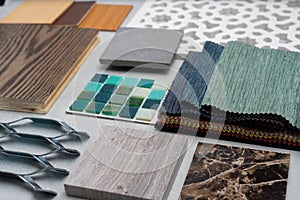 Samples of material, wood , on concrete table.Interior design se