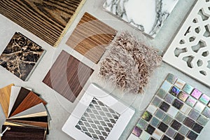 Samples of material, wood , on concrete table.Interior design select material for idea. Decoration idea concept