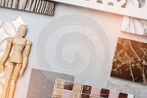 Samples of material, wood , on concrete table.Interior design select material for idea