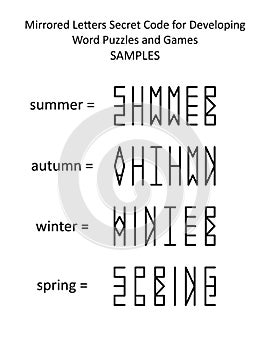 Samples. Mirrored letters secret code for developing word puzzles and word games for kids and adults.