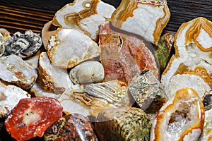 Samples of polished stones and minerals.