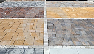 Samples set of concrete tiles for outdoors and pavements with different colors and shapes.