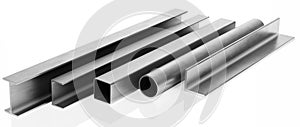 Samples of steel beams and pipes on white background