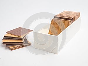 Samples of veneer wood on white background. interior design select material for idea.