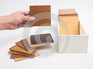 Samples of veneer wood on white background. interior design select material for idea.