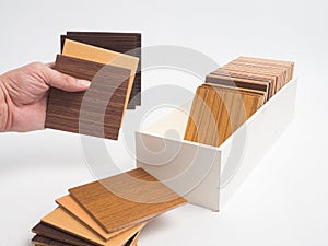 Samples of veneer wood on white background. interior design select material for idea.