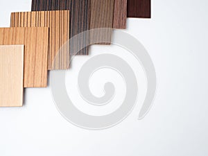 Samples of veneer wood on white background. interior design select material for idea.Hand holding veneer wood.