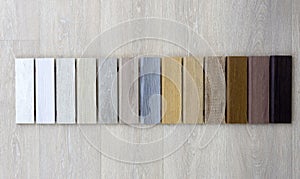 Samples of wood of different colors and species for laminate and parquet flooring. Multi-colored wood samples for the production