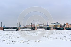 Sampsonievsky Bridge over frozen Bolshaya Nevka River. Saint Petersburg. Russia