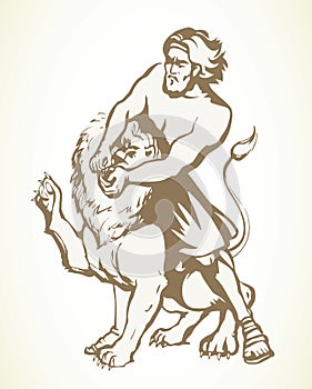 Samson fights a lion. Vector drawing