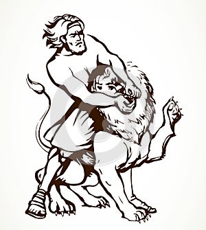 Samson fights a lion. Vector drawing