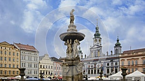 The Samson fountain on the main square with the Town Hall in Ceske Budejovice, Czech Republic