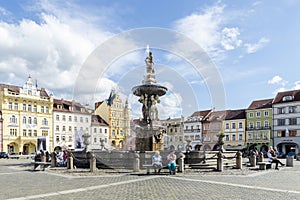 Samson`s fountain in Premysl Otakar II town square, Ceske Budejovice, Czech Republic