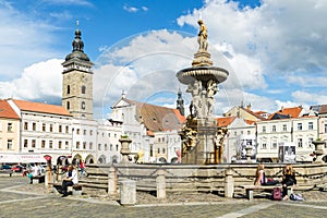 Samson`s fountain in Premysl Otakar II town square, Ceske Budejovice, Czech Republic
