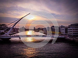 Samuel Beckett Bridge in Dublin at sunset - aerial view