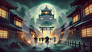 samurai ambushing castle at night wallpaper