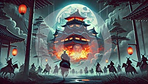 samurai ambushing castle at night wallpaper